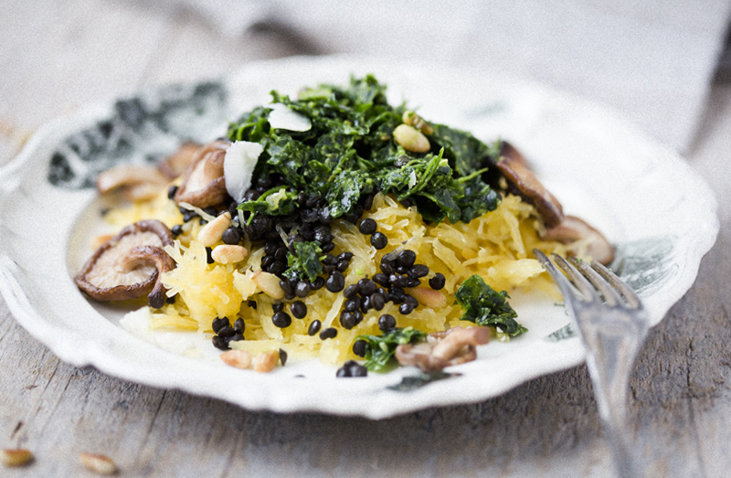 Spaghetti Squash with Beluga Lentils, Parsley Pesto & Shiitake